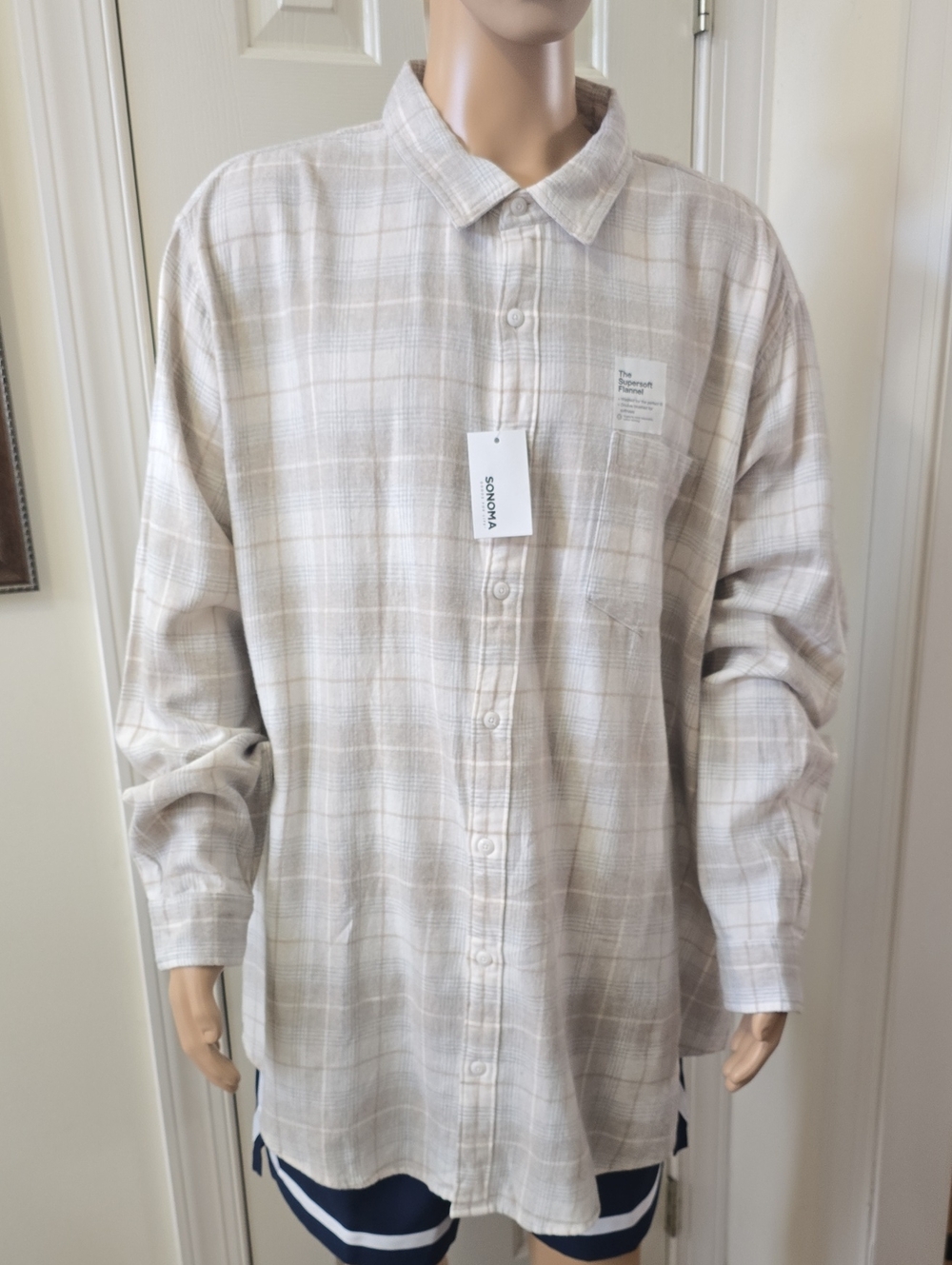 Sonoma Brand Mens Big & Tall White & Gray Plaid Button-Up Flannel Shirt Size 4XB